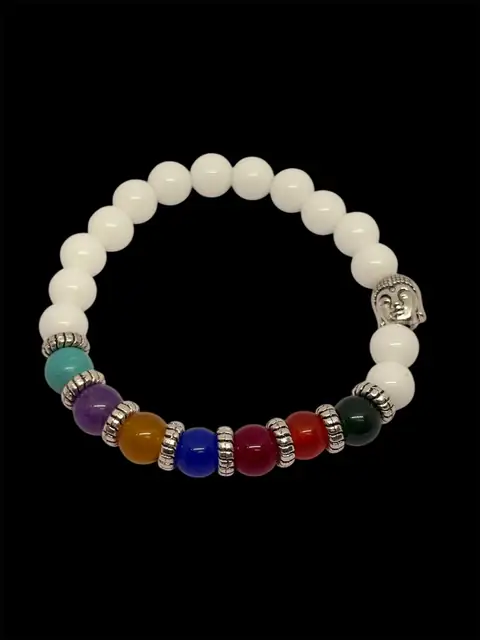 7 Chakra Stone Bracelet with White Turquoise – 8mm Round Smooth Cut Beads, Stretchable Yoga & Healing Energy Bracelet – image 3