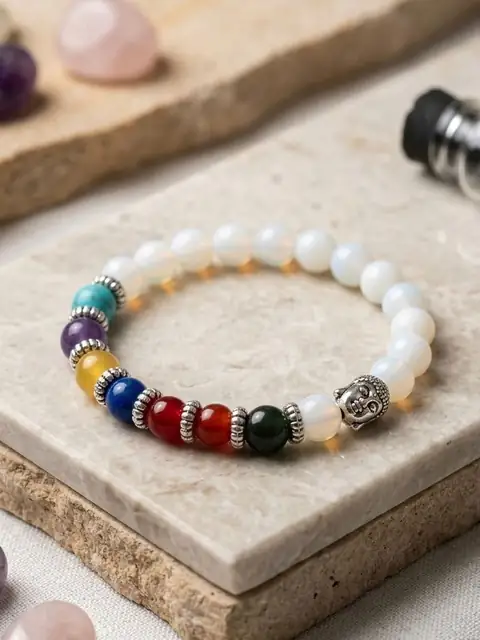 7 Chakra Stone Bracelet with White Turquoise – 8mm Round Smooth Cut Beads, Stretchable Yoga & Healing Energy Bracelet – image 4