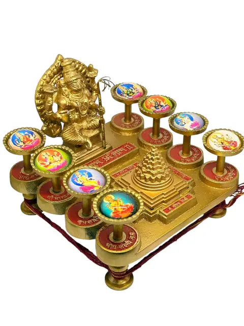Beautiful Brass Ashtavaibhav Lakshmi Yantra Chowki with Meru Shree Yantra, 8 Devi Pillars. – image 3