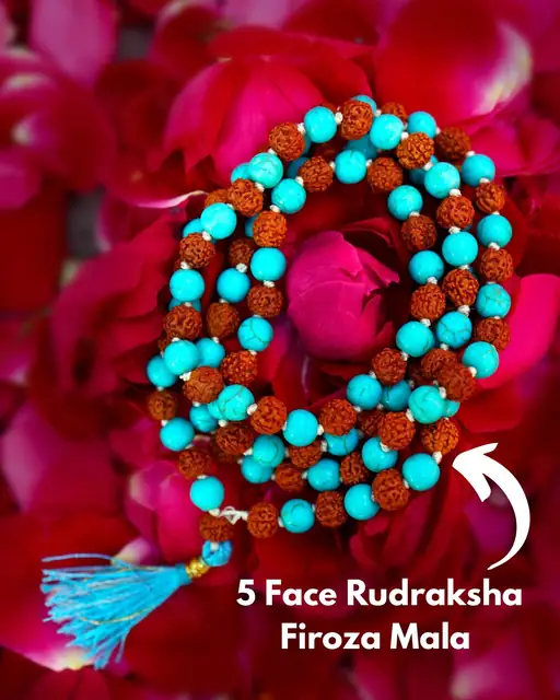 GemsForLuck 5 face rudraksha mala with turquoise mala original certified 108+1 beads turquoise stone necklace for men 7mm bead size firoza stone mala original certified