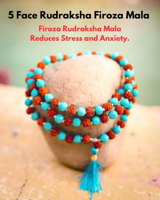 GemsForLuck 5 face rudraksha mala with turquoise mala original certified 108+1 beads turquoise stone necklace for men 7mm bead size firoza stone mala original certified – image 2