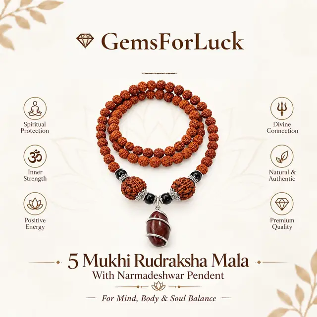 GemsForLuck Rudraksha Mala with Natural Stone Pendant