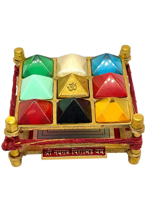 Navgrah Yantra Brass Frame with Multicolor Gemstones, 9 Planets (3.5*3.5 inches) – image 2