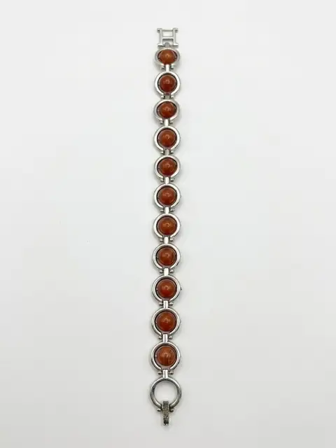 Vintage silver-tone bracelet with round orange cabochon stones and geometric link design. – image 2