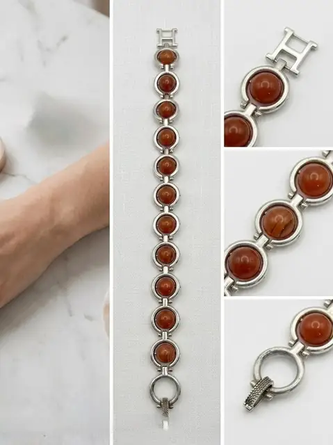 Vintage silver-tone bracelet with round orange cabochon stones and geometric link design. – image 3